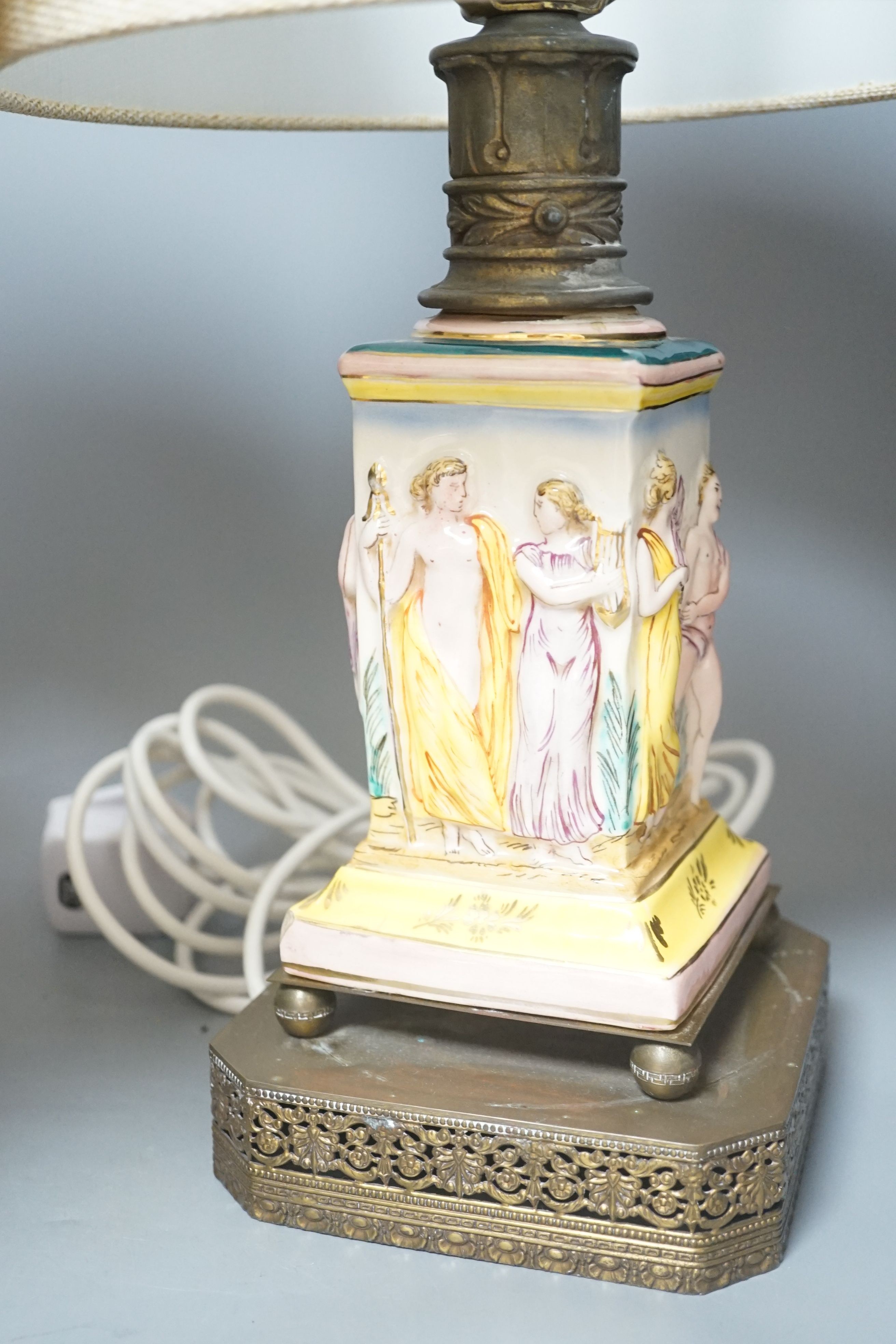 A pair Capodimonte style lamps and shades, 44cm total height 44cm